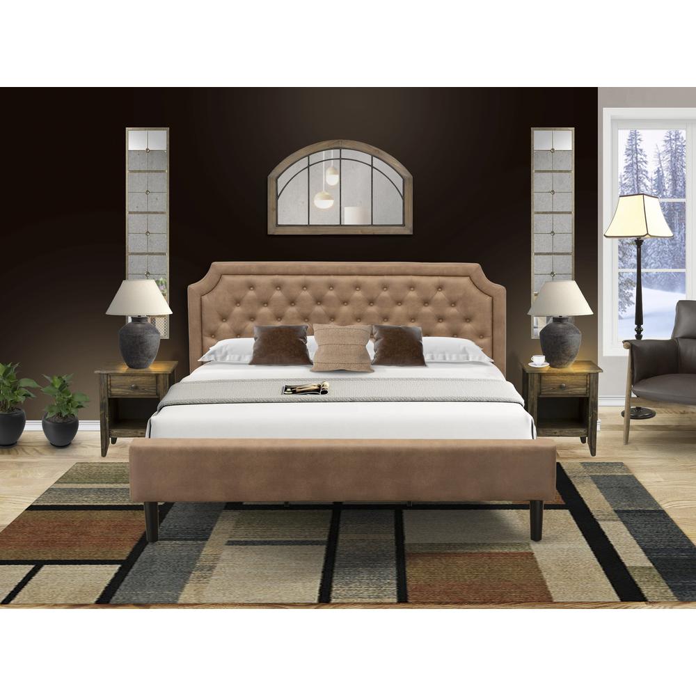 GB28K-2GA07 3-Piece Platform Bed Set with a Modern Bed and 2 Distressed Jacobean End Tables - Brown Faux Leather and Black Legs. Picture 8