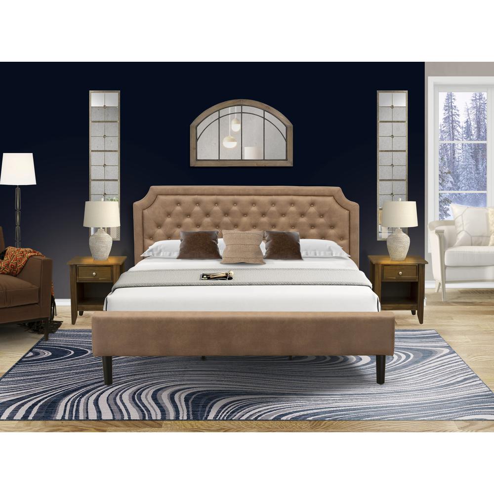 GB28K-2GA08 3-Pc Granbury Wooden Set for Bedroom with Frame and 2 Antique Walnut Nightstands - Brown Faux Leather and Black Legs. Picture 8