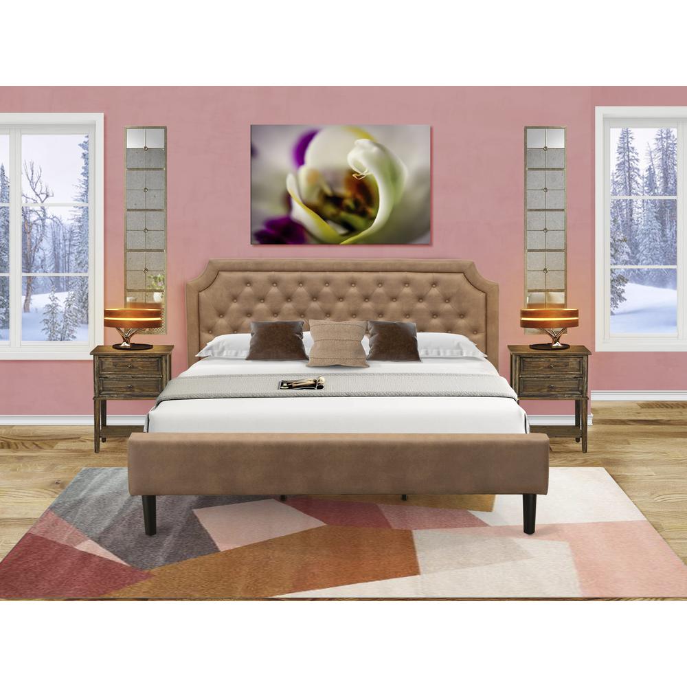 GB28K-2VL07 3-Pc Granbury Bed Set with a King Bedframe and 2 Distressed Jacobean Night Stand - Brown Faux Leather and Black Legs. Picture 8