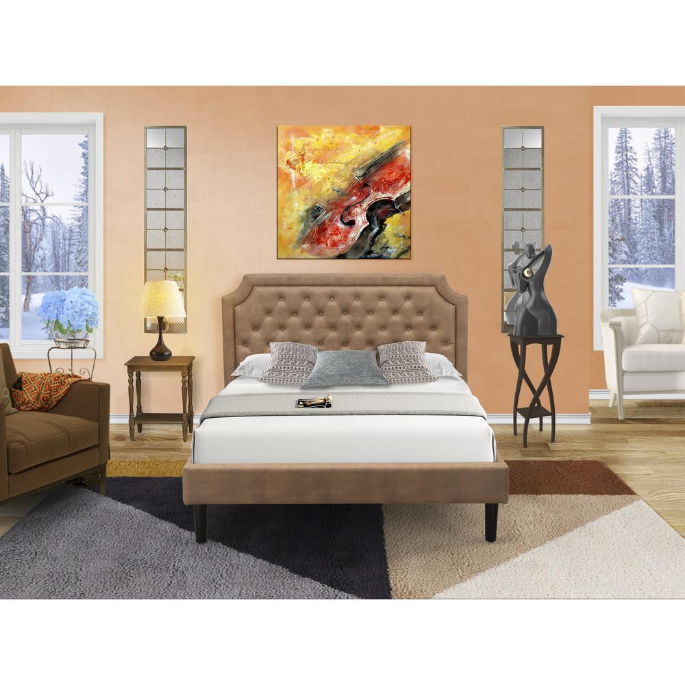 GB28Q-1BF08 2-Pc Bedroom Furniture Set with a Queen Bed Frame and 1 Antique Walnut End Table - Brown Faux Leather and Black Legs. Picture 8
