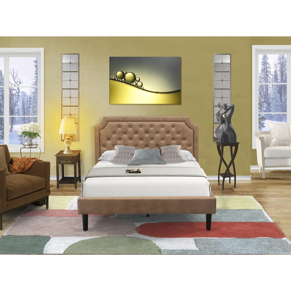 GB28Q-1DE07 2-Piece Platform Bed Set with a Platform Bed and 1 Distressed Jacobean End Tables - Brown Faux Leather and Black Legs. Picture 8