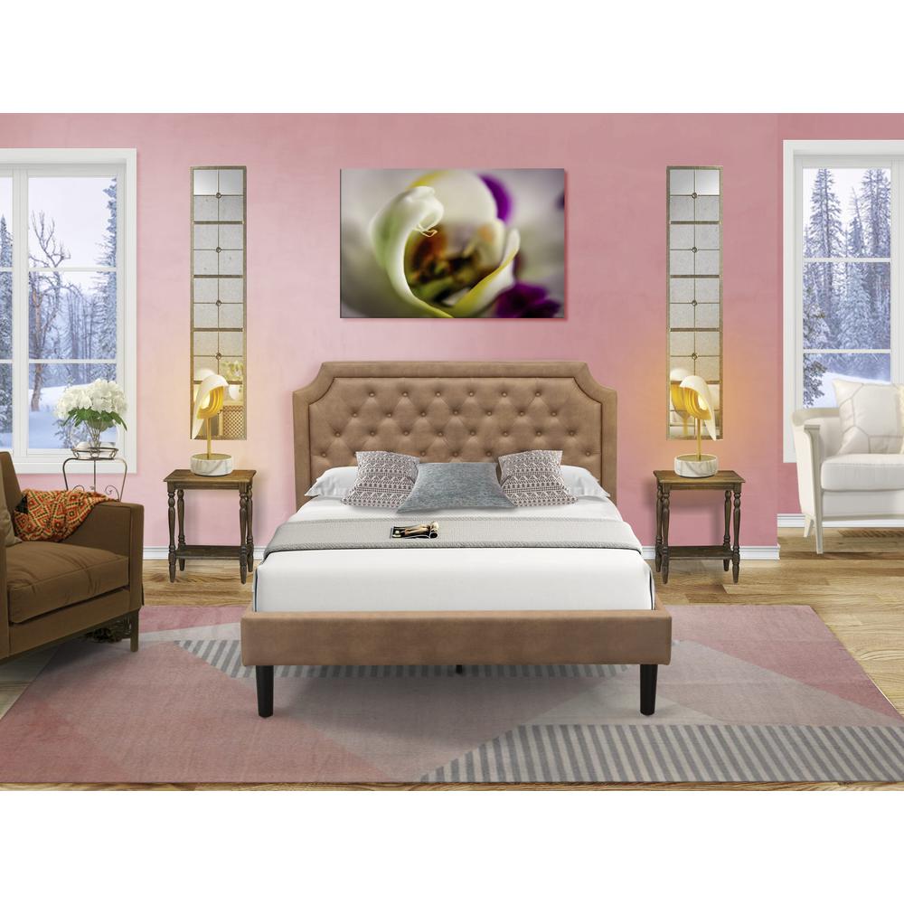 GB28Q-2BF07 3-Pc Wooden Set for Bedroom with Queen Frame and 2 Distressed Jacobean Nightstands - Brown Faux Leather and Black Legs. Picture 6