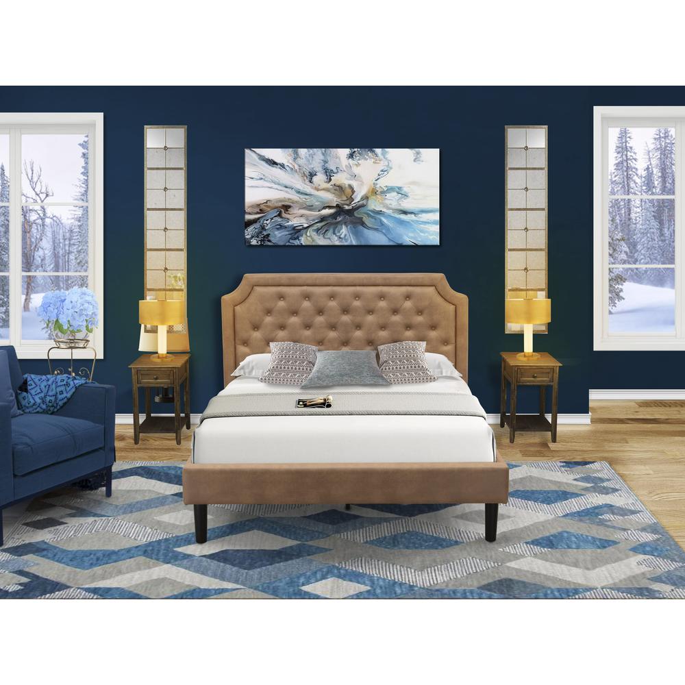 GB28Q-2DE07 3-Piece Bedroom Set with Queen Frame and 2 Distressed Jacobean Bedroom Nightstands - Brown Faux Leather and Black Legs. Picture 2