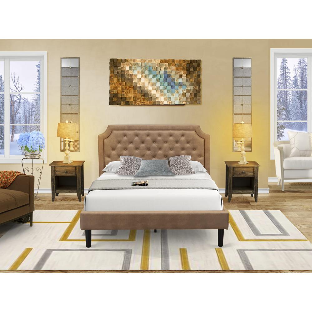 GB28Q-2GA07 3-Piece Bedroom Set with a Queen Size Bed and 2 Distressed Jacobean End Tables - Brown Faux Leather and Black Legs. Picture 8