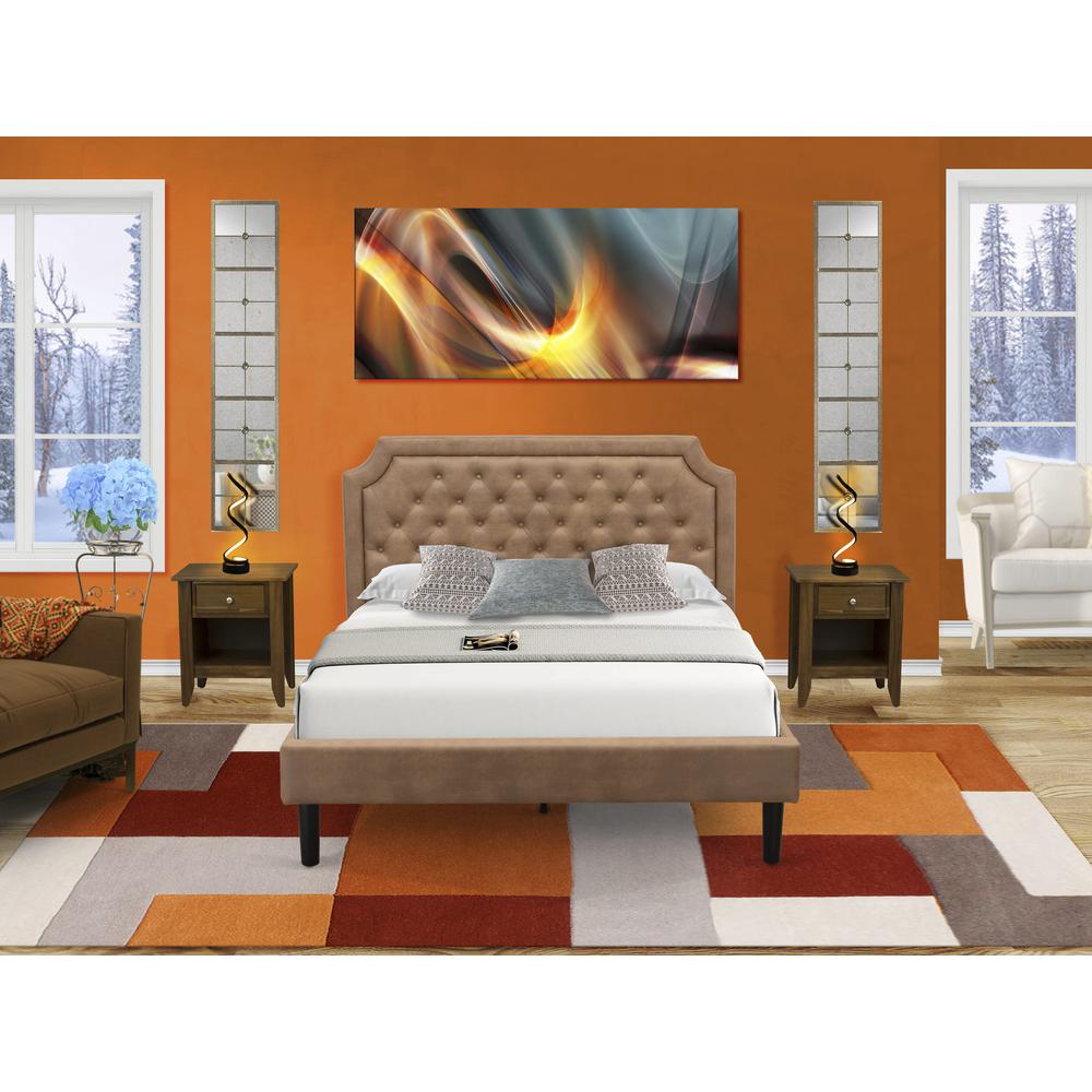 GB28Q-2GA08 3-Pc Bedroom Set with an Upholstered Bed and 2 Antique Walnut Small Nightstands - Brown Faux Leather and Black Legs. Picture 2
