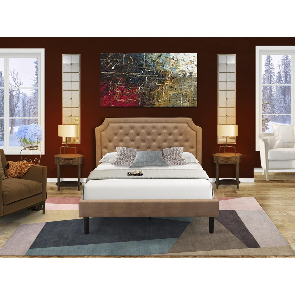 GB28Q-2HI07 3-Piece Wooden Set for Bedroom with Bedframe and 2 Distressed Jacobean End Tables - Brown Faux Leather and Black Legs. Picture 8