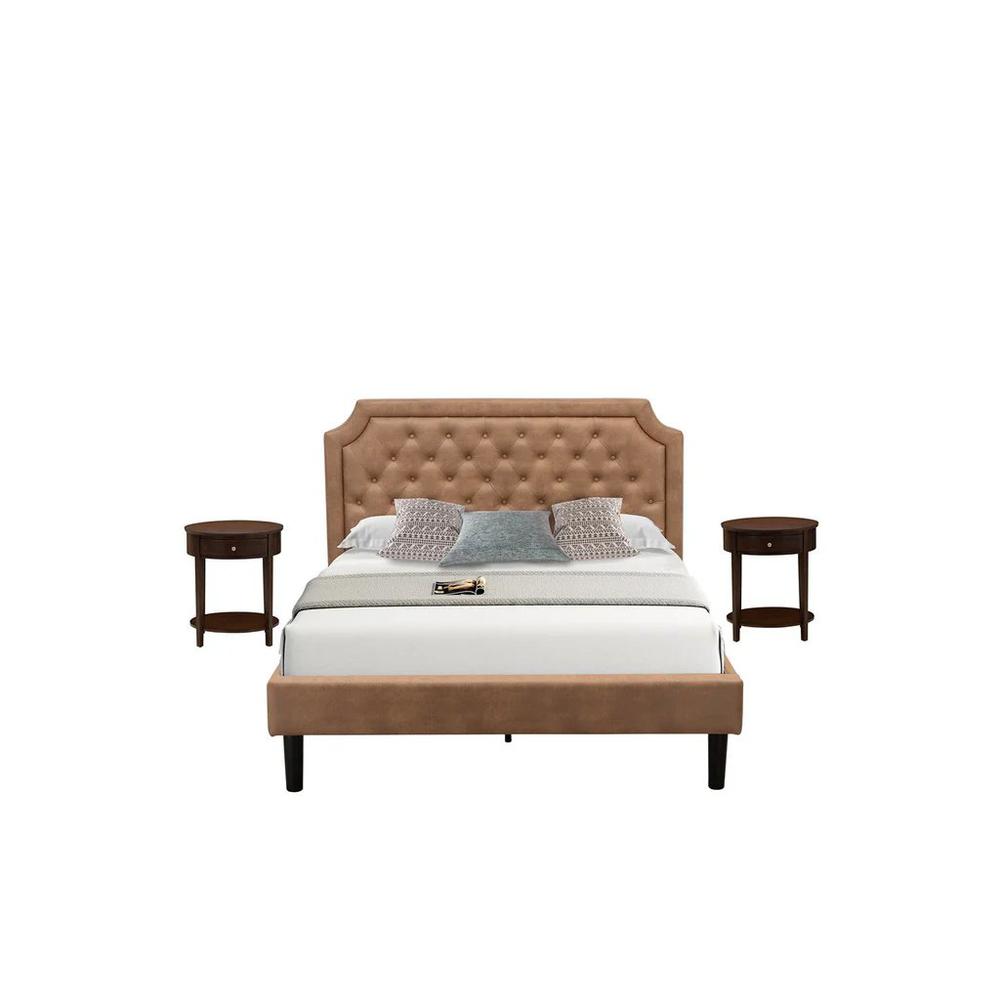 GB28Q-2HI0M 3-Piece Queen Bed Set with Bedframe and 2 Antique Mahogany Mid Century Nightstands - Brown Faux Leather and Black Legs. Picture 1