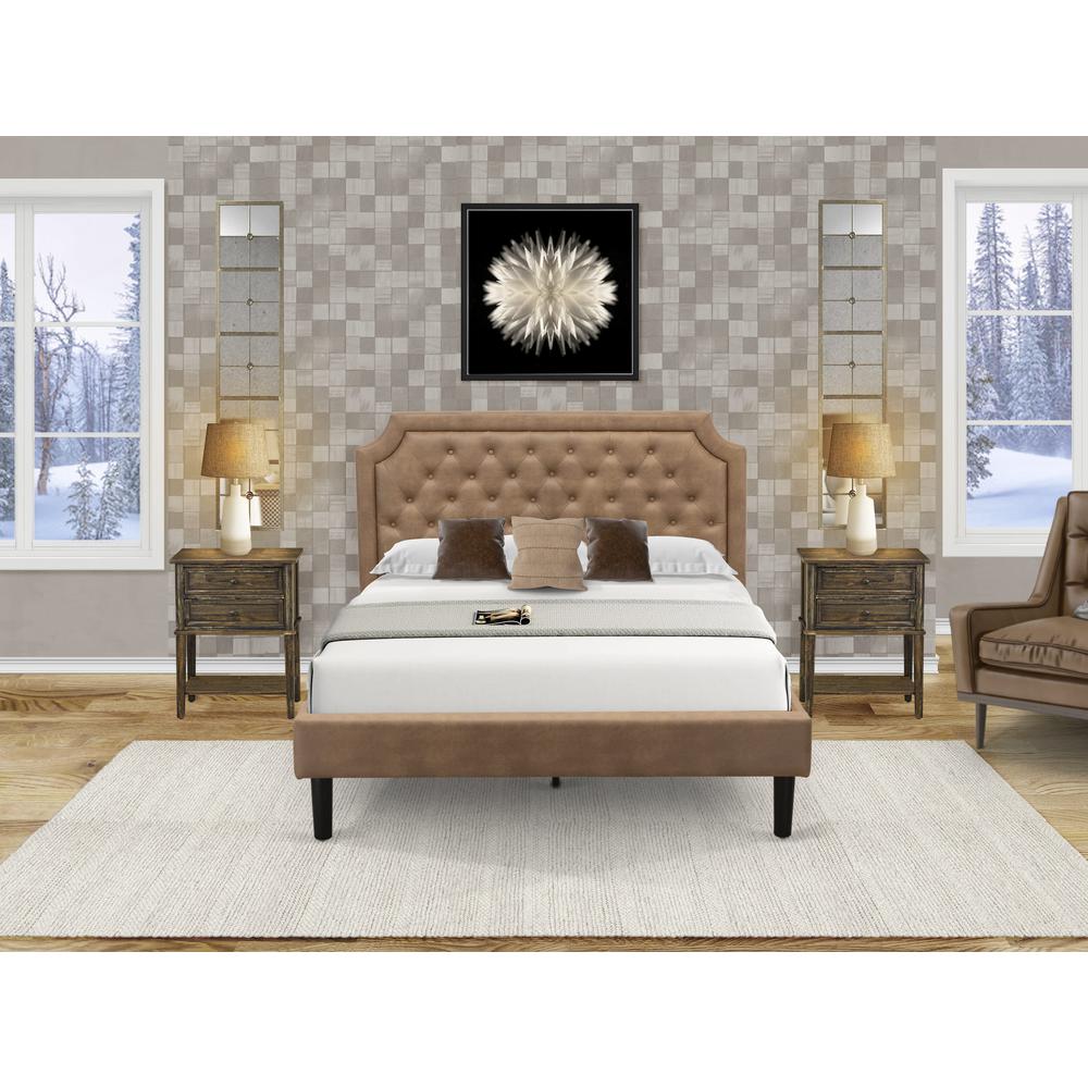 GB28Q-2VL07 3-Piece Bed Set with Frame and 2 Distressed Jacobean Modern Night Stands - Brown Faux Leather and Black Legs. Picture 8