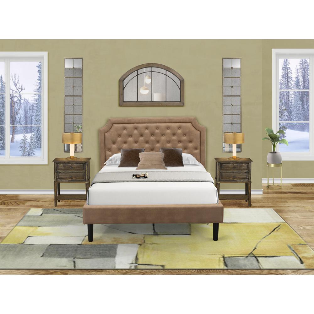 GBF-28-F Full Bed Consist of Brown Textured Upholstered Headboard, Footboard and Wood Rails, Slats - Wooden 9 Legs - Black Finish. Picture 2