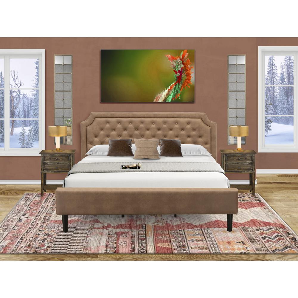 GBF-28-K King Bed Contains Brown Textured Upholstered Headboard, Footboard and Wood Rails, Slats - Wooden 9 Legs - Black Finish. Picture 2