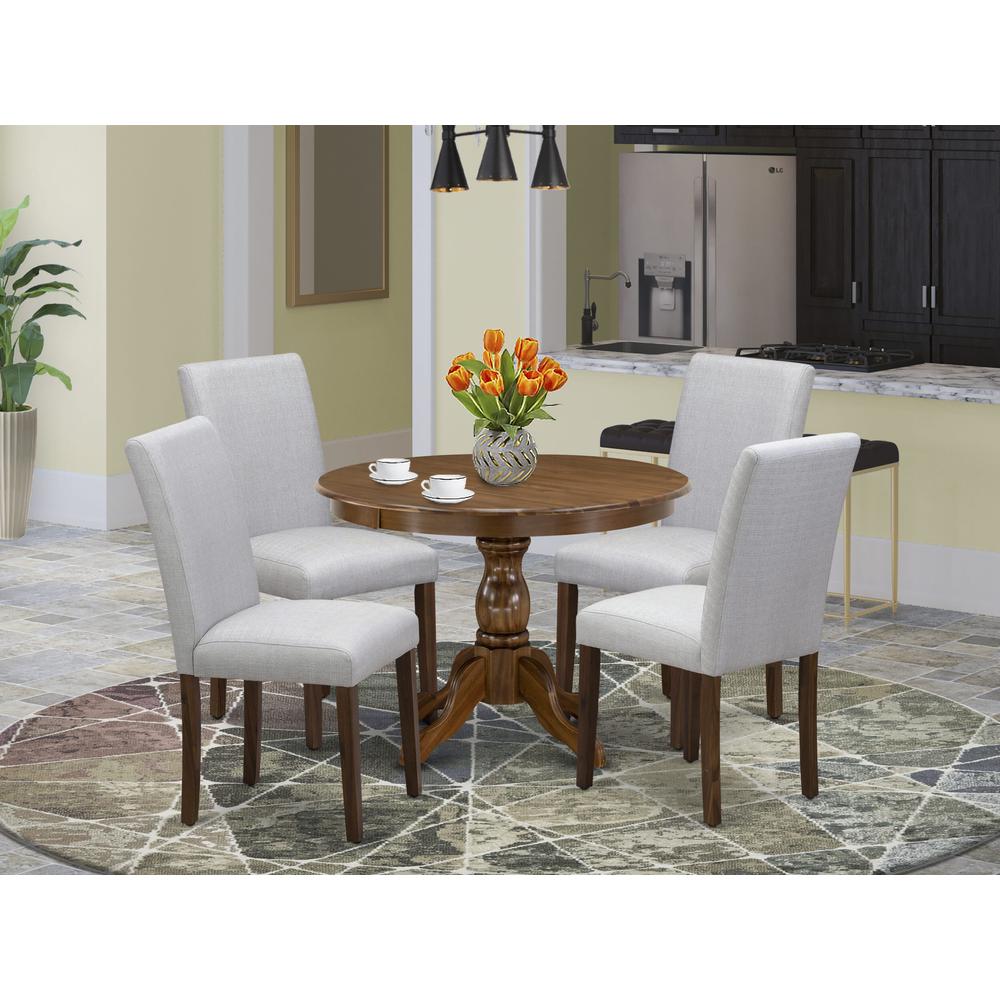 HBAB5-AWA-05 5 Pc Kitchen Table Set - Round Dining Table with 4 Grey Upholstered Chairs - Acacia Walnut Finish. Picture 8