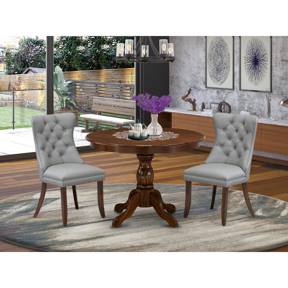 East West Furniture HBDA3-AWA-27 3 Piece Dining Room Table Set Includes a Round Kitchen Table and 2 Upholstered Parson Chairs, 42x42 Inch, Antique Walnut. Picture 2