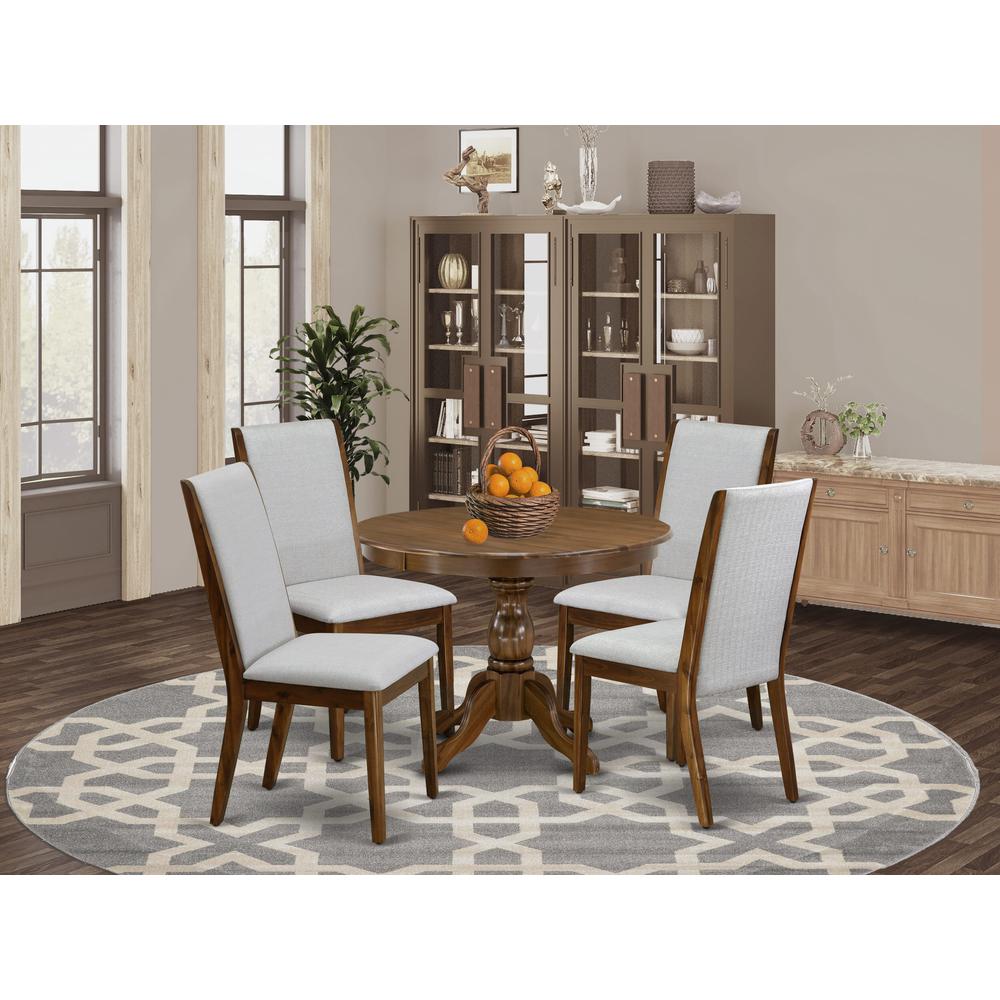 HBLA5-AWA-05 5 Pc Dining Table Set - Dining Room Table with 4 Grey Dining Chairs - Acacia Walnut Finish. Picture 8