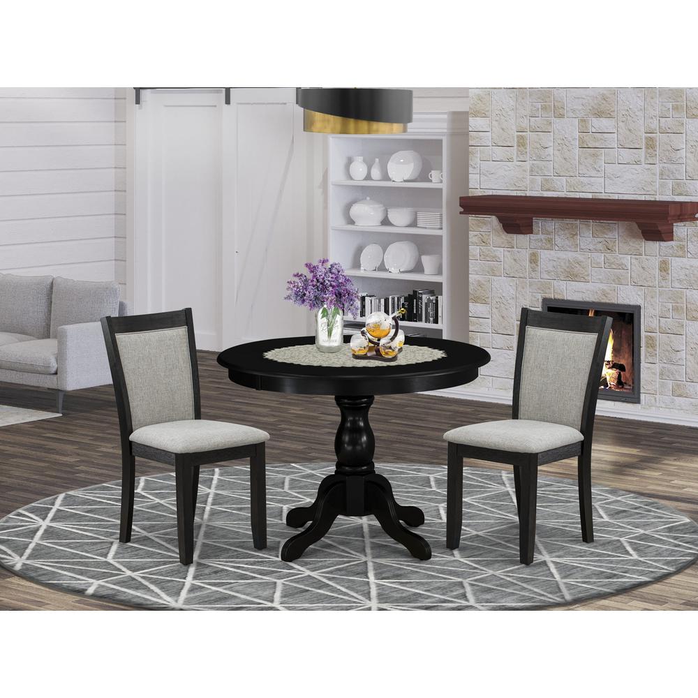East West Furniture 3-Pc Dining Table Set Contains a Dining Room Table and 2 Shitake Linen Fabric Dining Room Chairs - Wire Brushed Black Finish. Picture 2