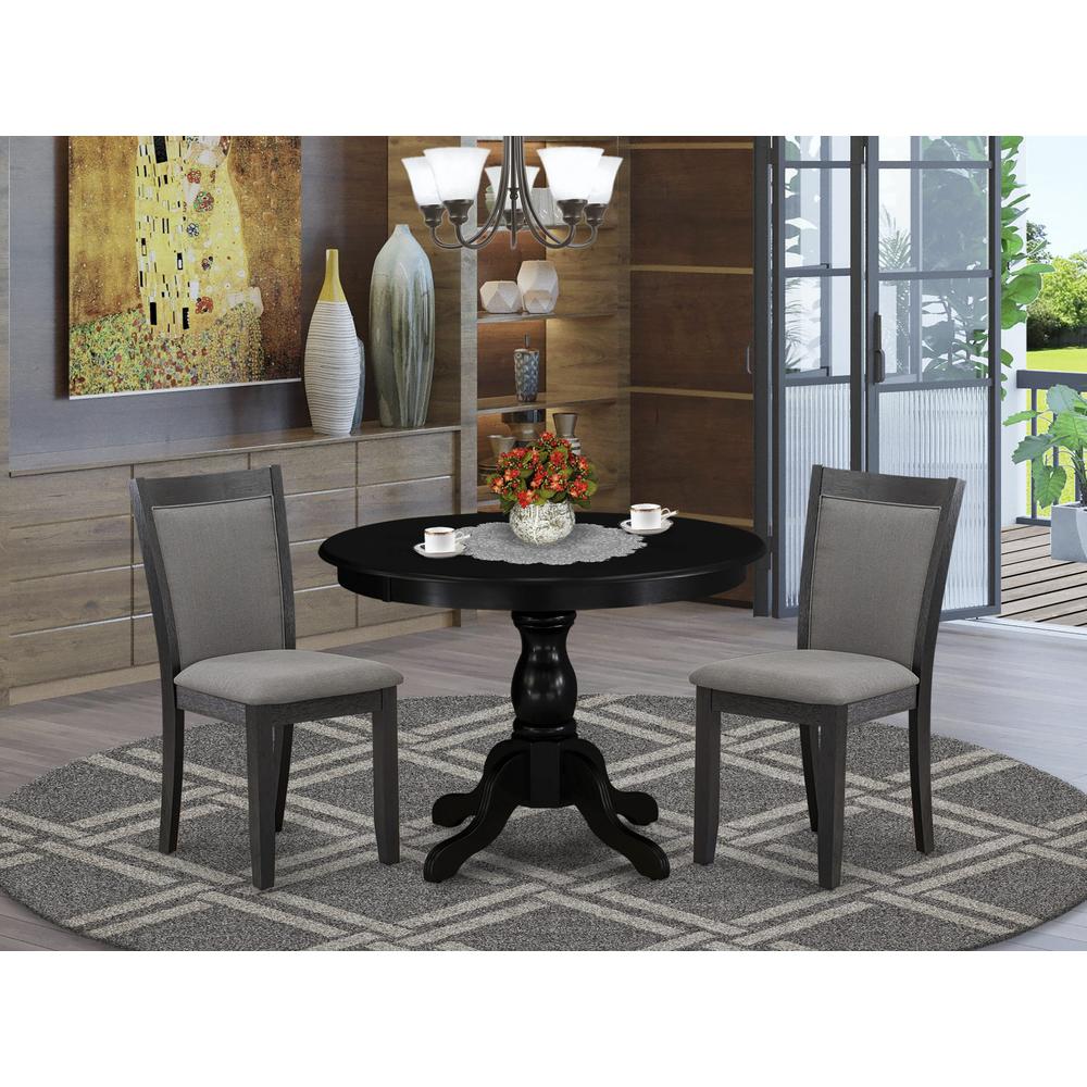 East West Furniture 3-Piece Dining Table Set Contains a Dinner Table with Drop Leaves and 2 Dark Gotham Grey Linen Fabric Parsons Chairs - Wire Brushed Black Finish. Picture 2