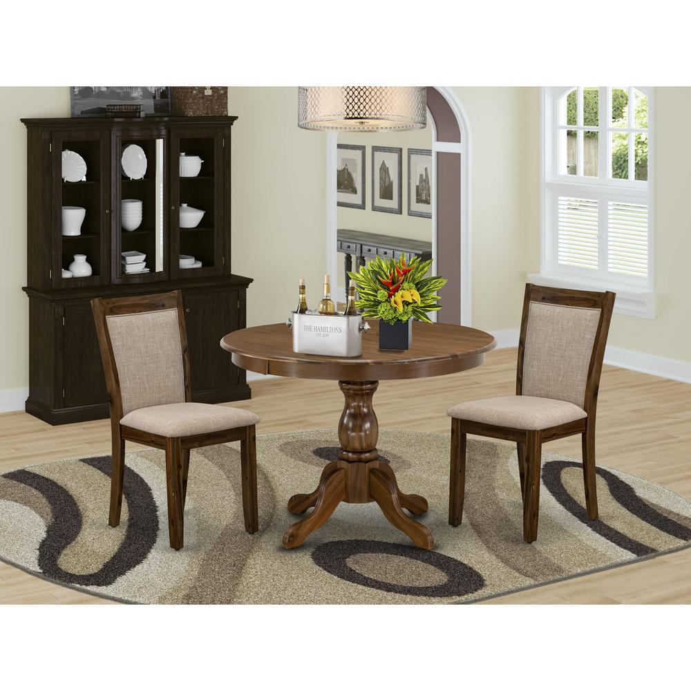 HBMZ3-AWN-04 3-Pc Dining Room Set Contains a Pedestal Table and 2 Light Tan Kitchen Chairs - Sand Blasting Antique Walnut Finish. Picture 8