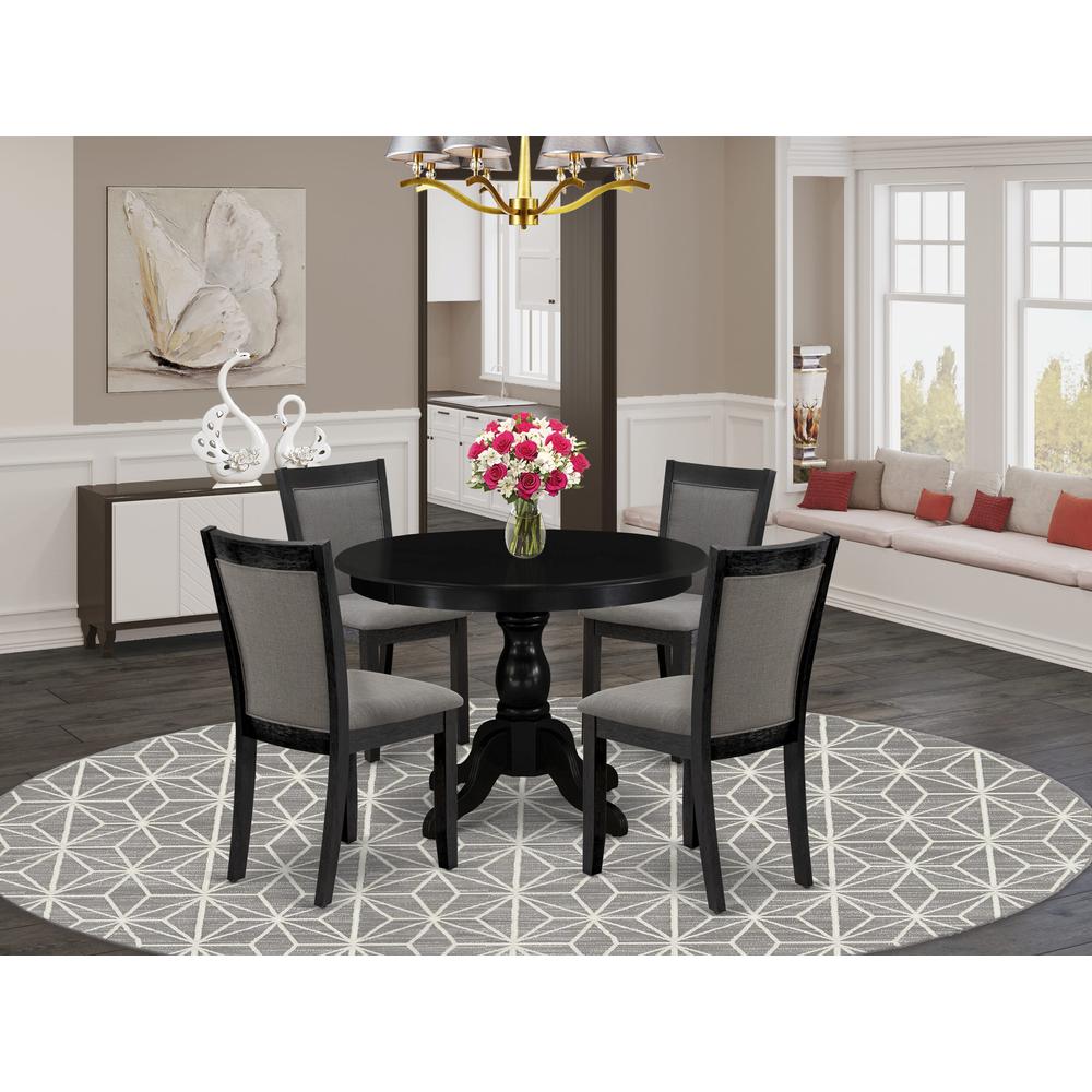 East West Furniture 5-Piece Kitchen Room Table Set Includes a Pedestal Dining Table and 4 Dark Gotham Grey Linen Fabric Upholstered Dining Chairs - Wire Brushed Black Finish. Picture 2