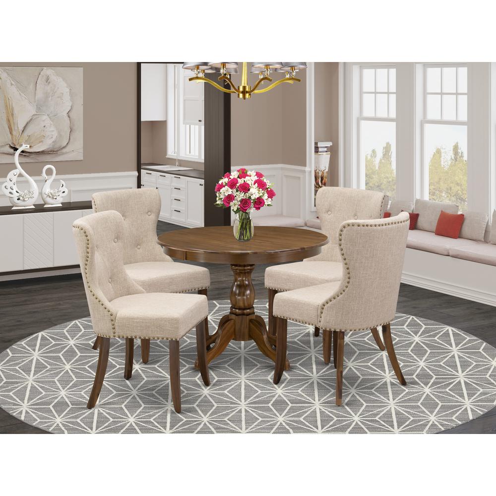 HBSI5-AWA-04 5 Pc Dining Set - Kitchen Table with 4 Light Tan Mid Century Chairs - Acacia Walnut Finish. Picture 8