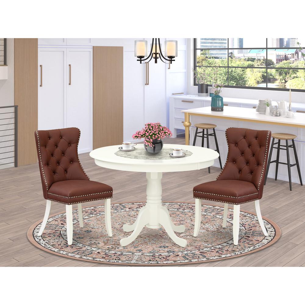 East West Furniture HLDA3-LWH-26 3 Piece Dining Room Furniture Set Includes a Round Kitchen Table with Pedestal and 2 Upholstered Parson Chairs, Small, Linen White. Picture 2