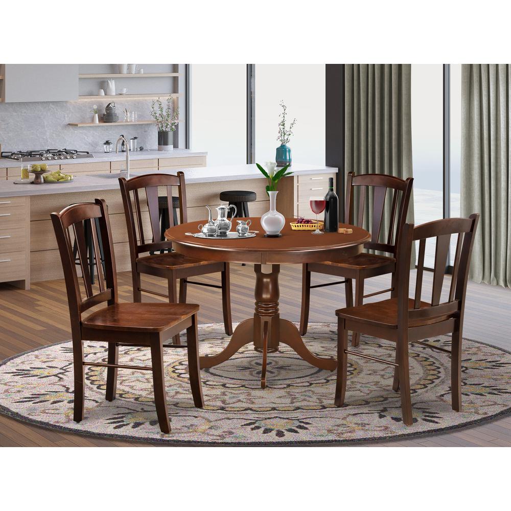 HLDL5-MAH-W - 5-Pc Kitchen Dining Room Set- 4 Kitchen Chair and Modern Kitchen Table - Wooden Seat and Slatted Chair Back - Mahogany Finish. Picture 8