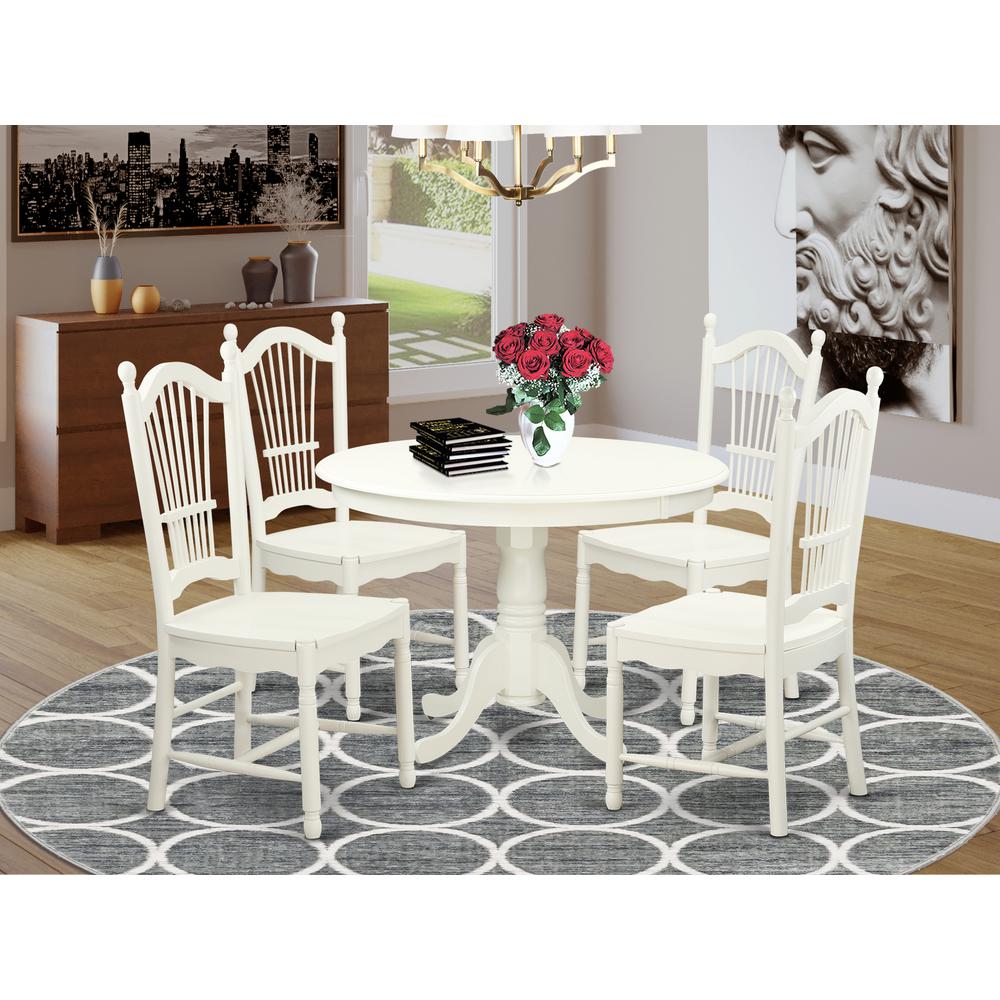 5  Pc  set  with  a  Round  Dinette  Table  and  4  Wood  Dinette  Chairs  in  Linen  White. Picture 4