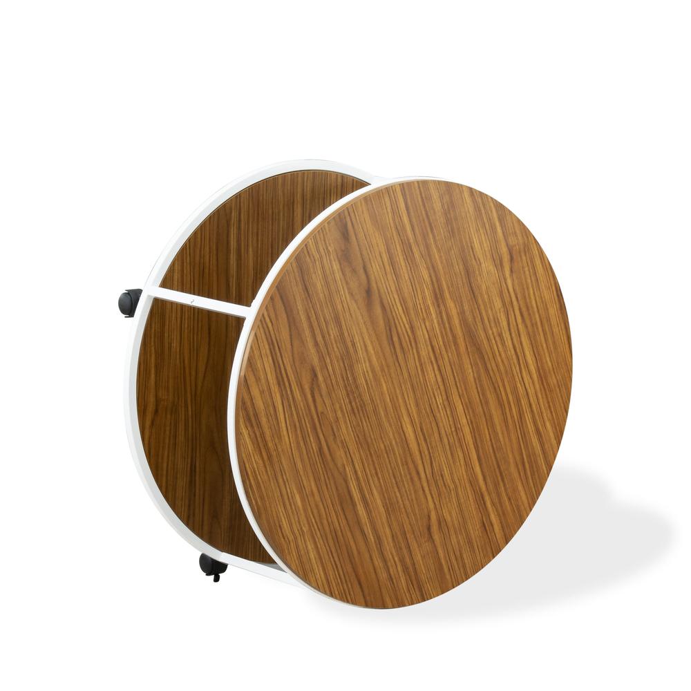 Harley Round Coffee Table for Living Room, Mid Century Modern Coffee Table in Powder Coating White Color and Brown Wood Laminate. Picture 3