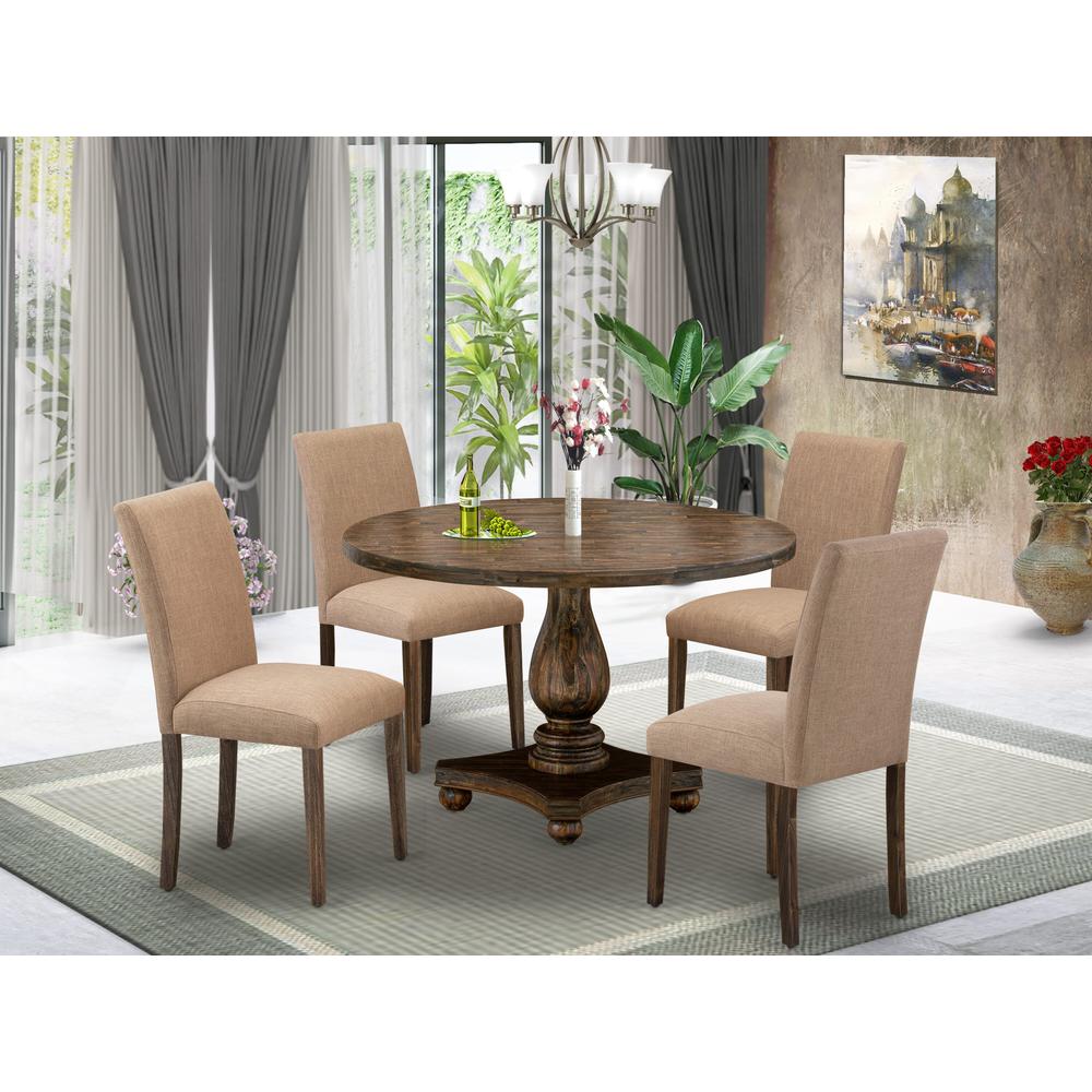 East West Furniture 5 Piece Mid Century Modern Dining Set Consists of a Dining Table and 4 Light Sable Linen Fabric Dining Chairs with High Back - Distressed Jacobean Finish. Picture 2