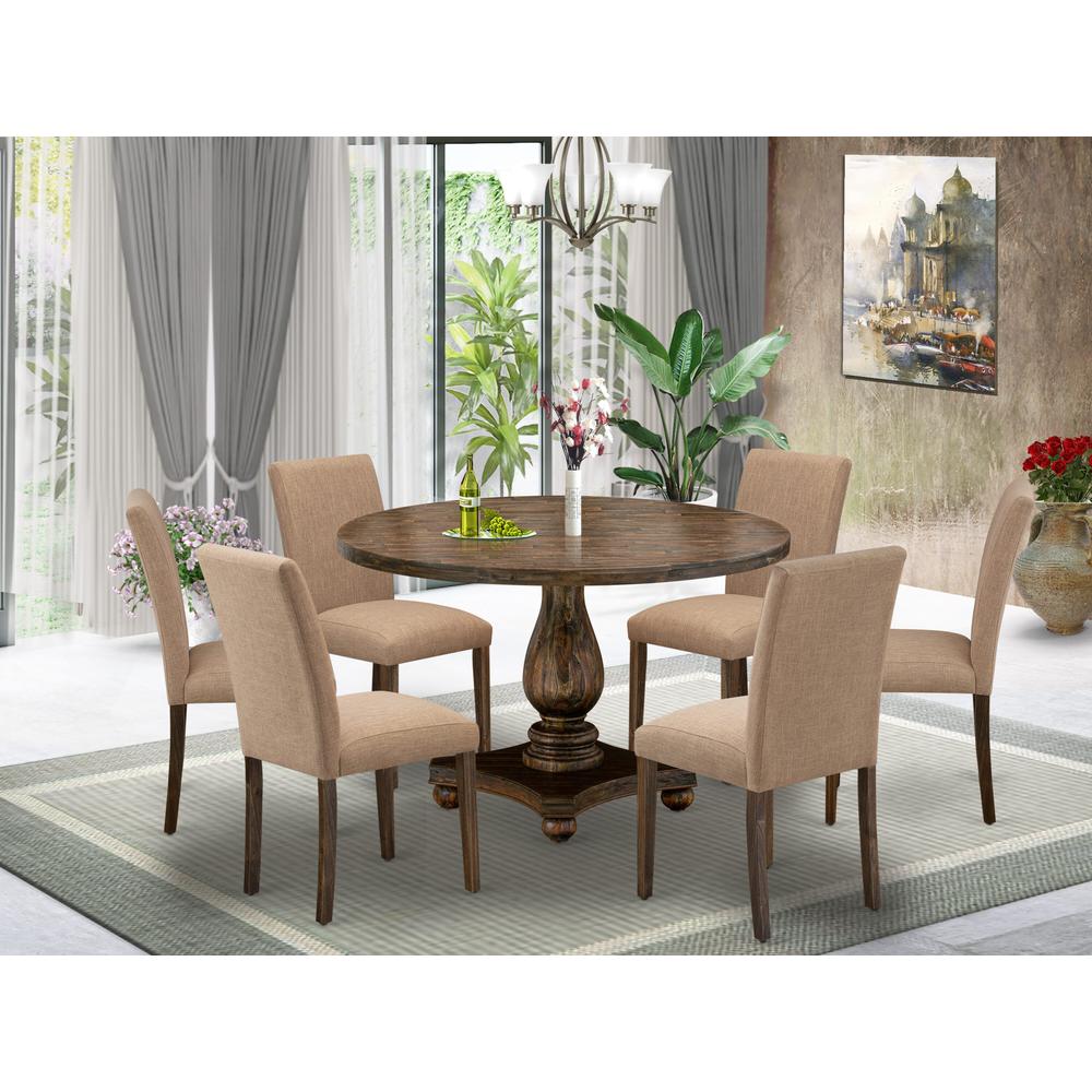 East West Furniture 7 Piece Dining Table Set Includes a Dining Room Table and 6 Light Sable Linen Fabric Mid Century Modern Chairs with High Back - Distressed Jacobean Finish. Picture 2