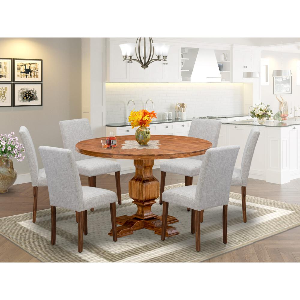 East West Furniture 7-Pc Dinner Table Set - Wooden Dining Table and 6 Doeskin Color Parson Wooden Chairs with High Back - Antique Walnut Finish. Picture 2