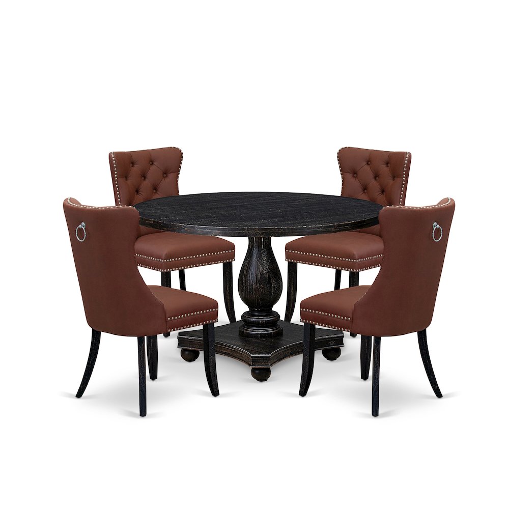 5 Piece Dining Table Set Includes 48" Round Table In Burgandy Color. Picture 1