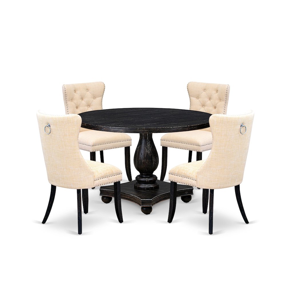 5-Piece Dining Set Of A Wood Table, 4 Light Beige Linen Fabric Dinner Chairs. Picture 1