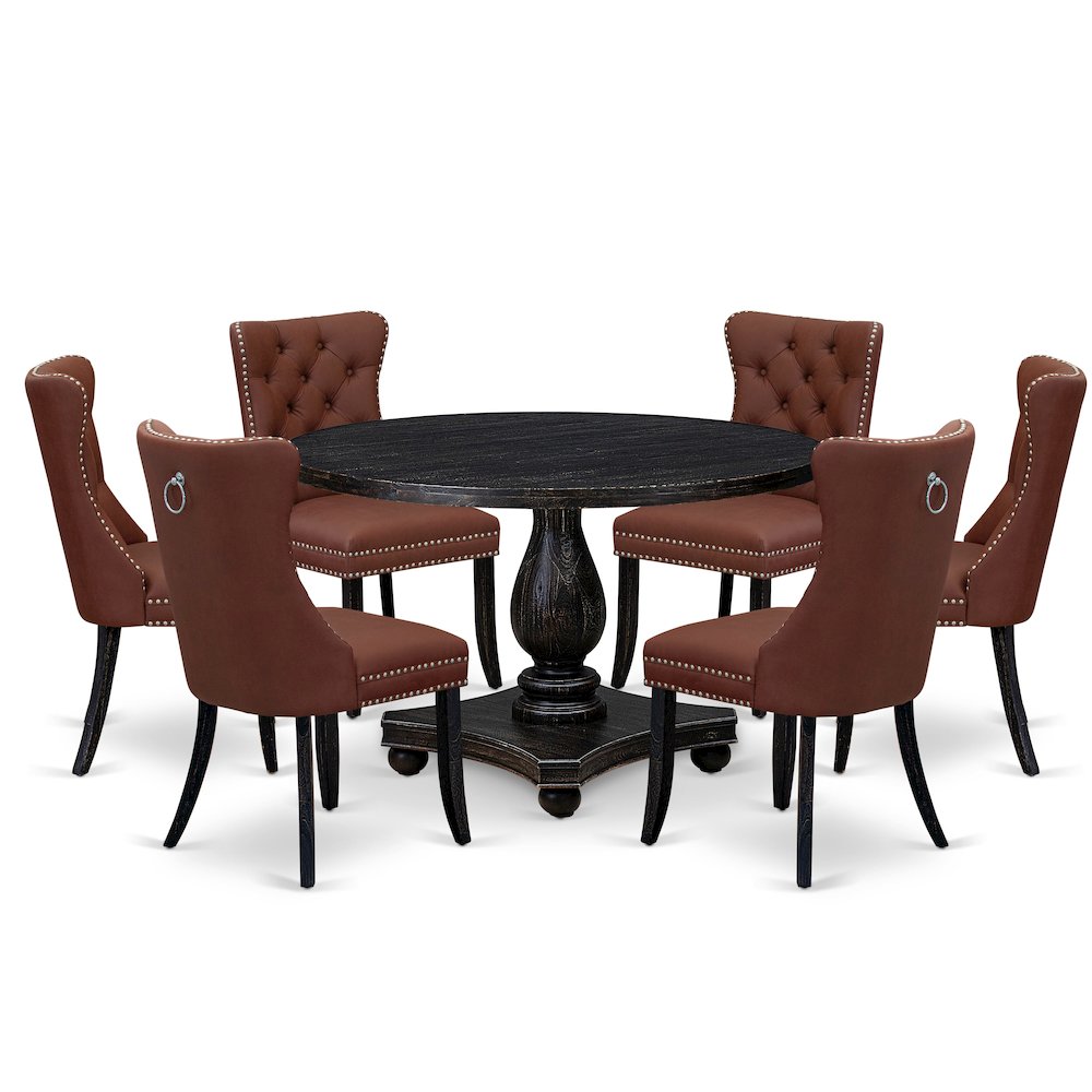 7 Piece Dining Table Set Consists Of 48" Round Table In Burgandy Color. Picture 1