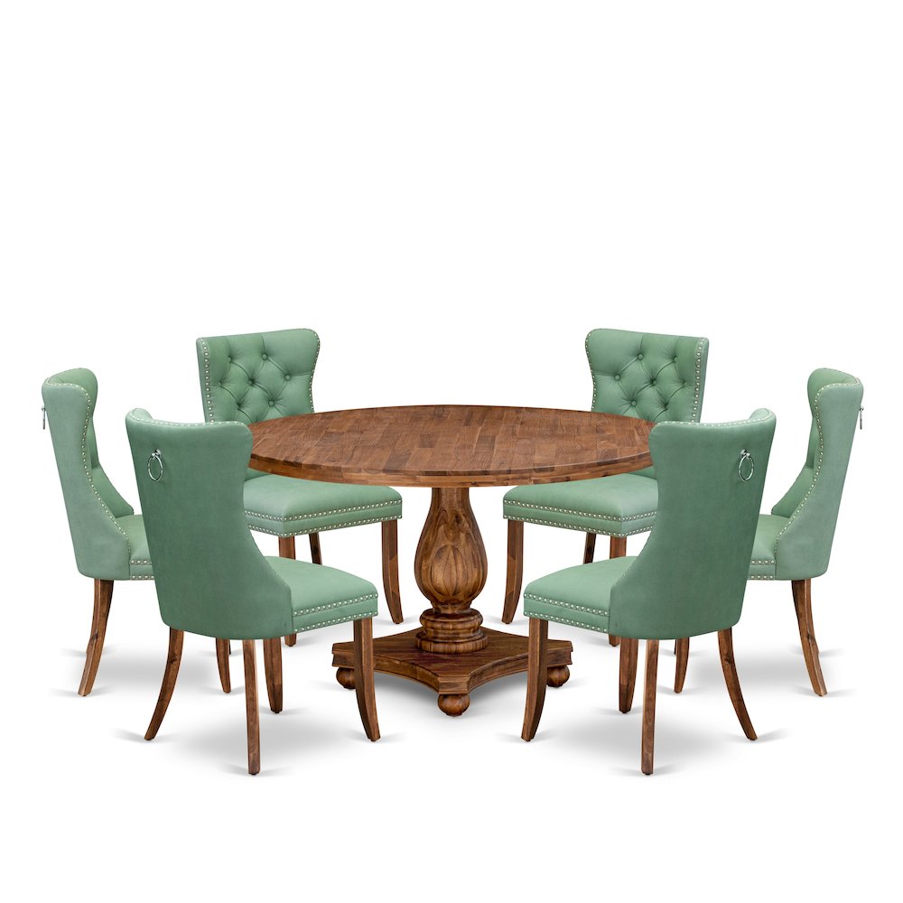 7-Pc Dining Set Contain A Mid Century Table, 6 Willow Green Upholstered Chairs. Picture 1