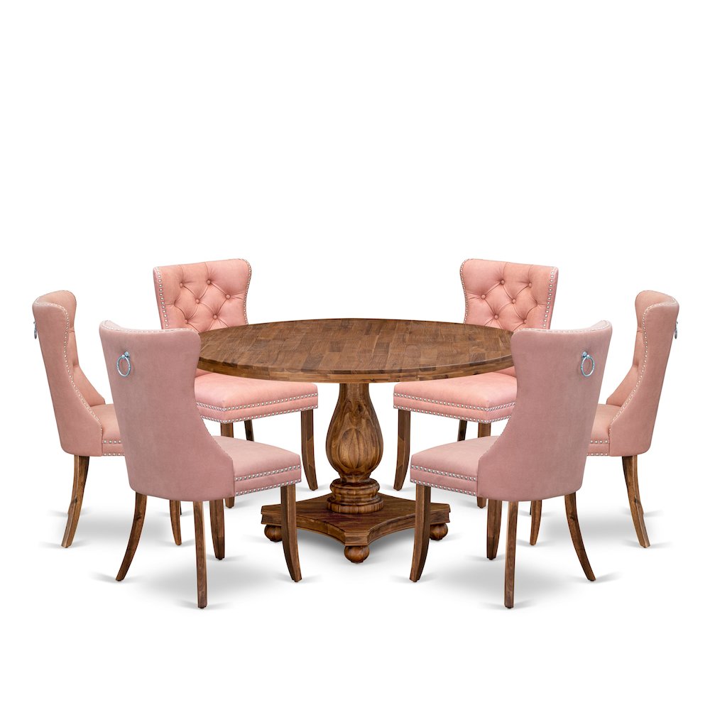 7-Pc Mid Century Dining Set Contain A Table And 6 Beige Red Upholstered Chairs. Picture 1