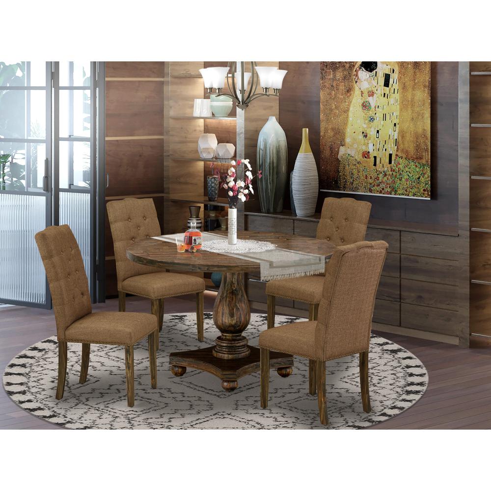 East West Furniture 5 Piece Modern Dining Table Set Includes a Modern Kitchen Table and 4 Brown Linen Fabric Dining Chairs with Button Tufted Back - Distressed Jacobean Finish. Picture 2