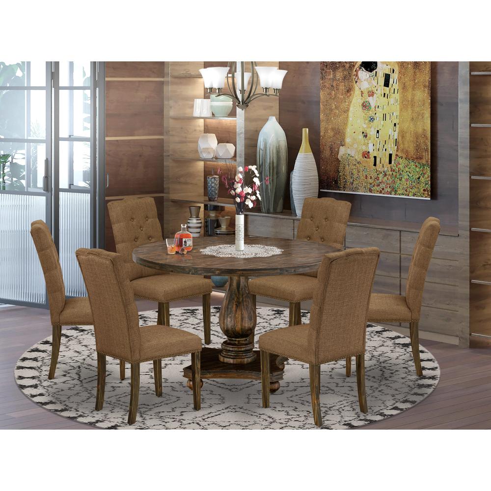East West Furniture 7 Piece Dining Room Set Contains a Dining Table and 6 Brown Linen Fabric Parson Chairs with Button Tufted Back - Distressed Jacobean Finish. Picture 2