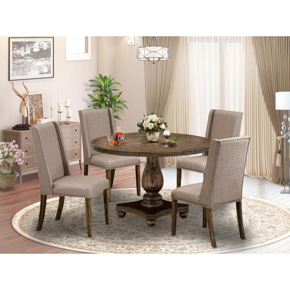 East West Furniture 5 Piece Mid Century Modern Dining Set Contains a Modern Dining Table and 4 Dark Khaki Linen Fabric Dining Chairs with High Back - Distressed Jacobean Finish. Picture 2