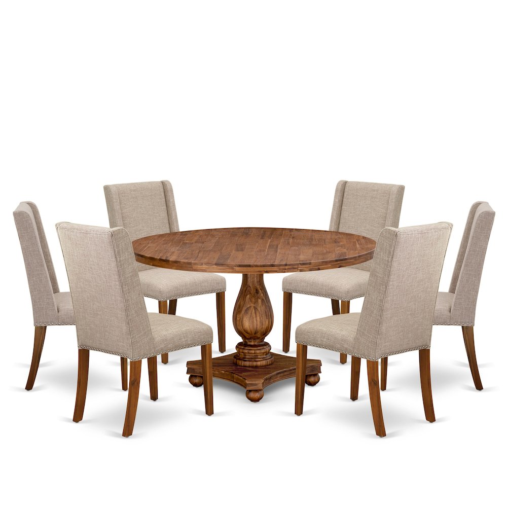 7-Piece Kitchen Table Set A Modern Table, 6 Light Tan Fabric Dinning Room Chairs. Picture 1