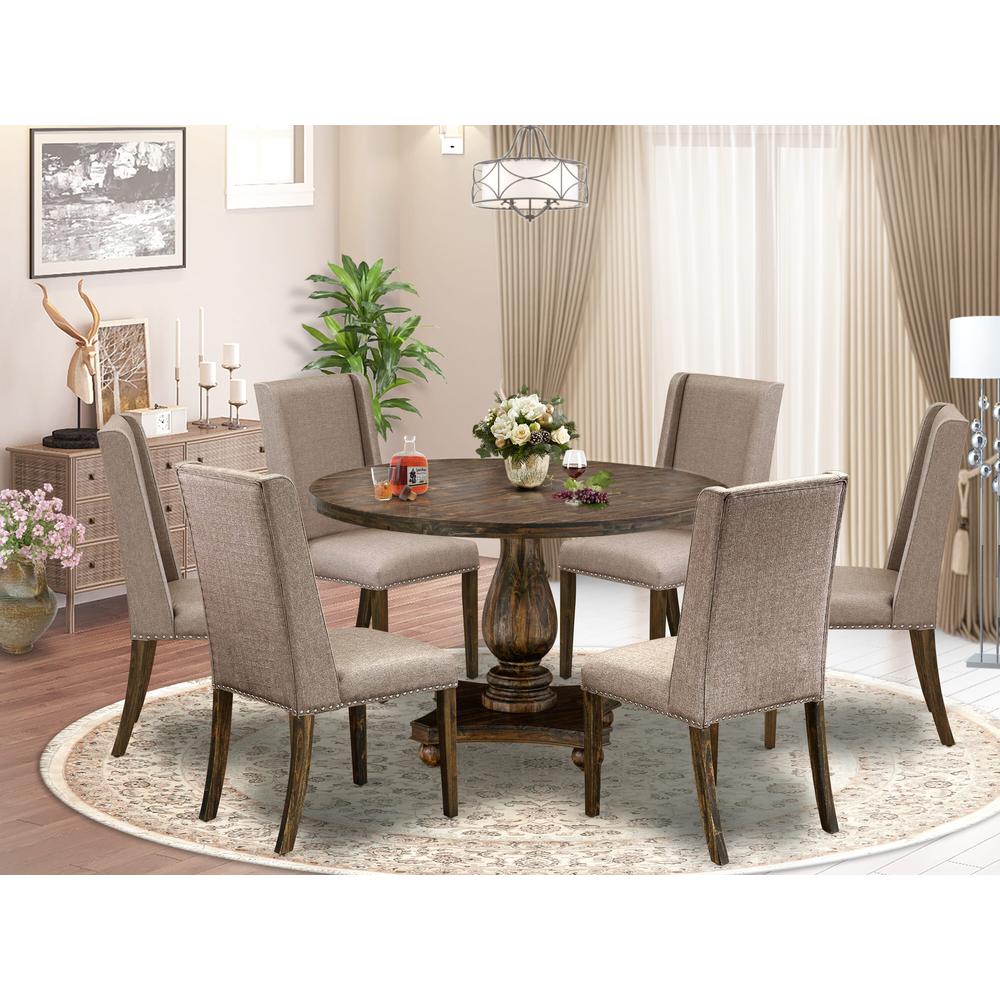 East West Furniture 7 Piece Dining Table Set Contains a Dining Table and 6 Dark Khaki Linen Fabric Dining Room Chairs with High Back - Distressed Jacobean Finish. Picture 2