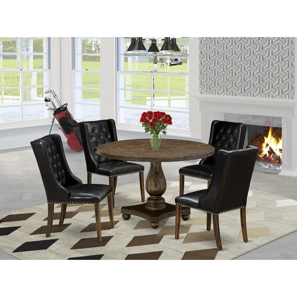 East West Furniture 5 Piece Mid Century Dining Set Includes a Wood Table and 4 Black PU Leather Upholstered Dining Chairs with Button Tufted Back - Distressed Jacobean Finish. Picture 2