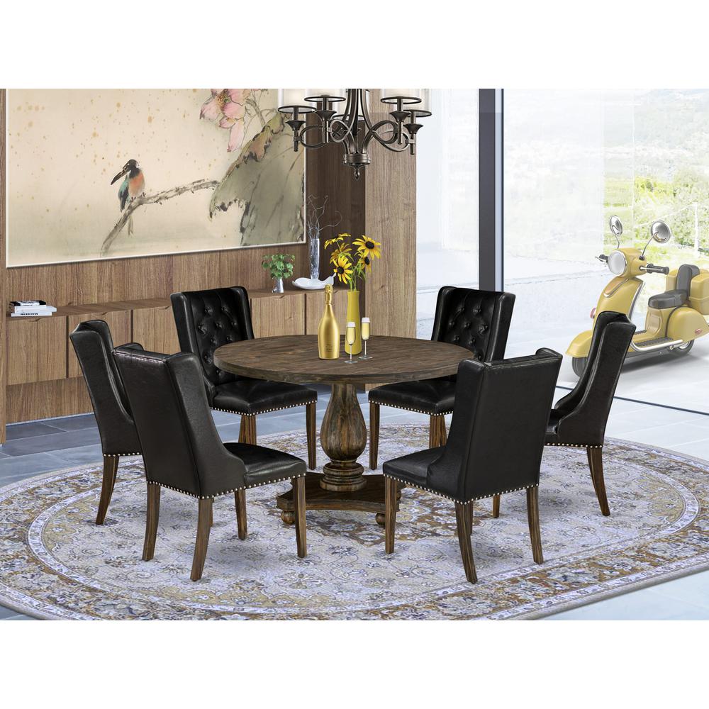 East West Furniture 7 Piece Dinette Set Contains a Dining Table and 6 Black PU Leather Mid Century Dining Chairs with Button Tufted Back - Distressed Jacobean Finish. Picture 2