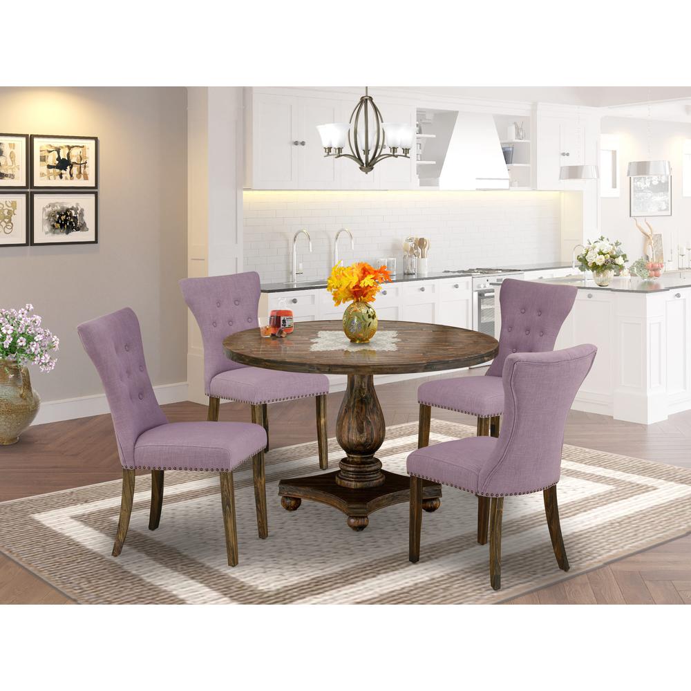 East West Furniture 5 Piece Kitchen Dining Table Set Contains a Modern Dining Table and 4 Dahlia Linen Fabric Modern Chairs with Button Tufted Back - Distressed Jacobean Finish. Picture 2