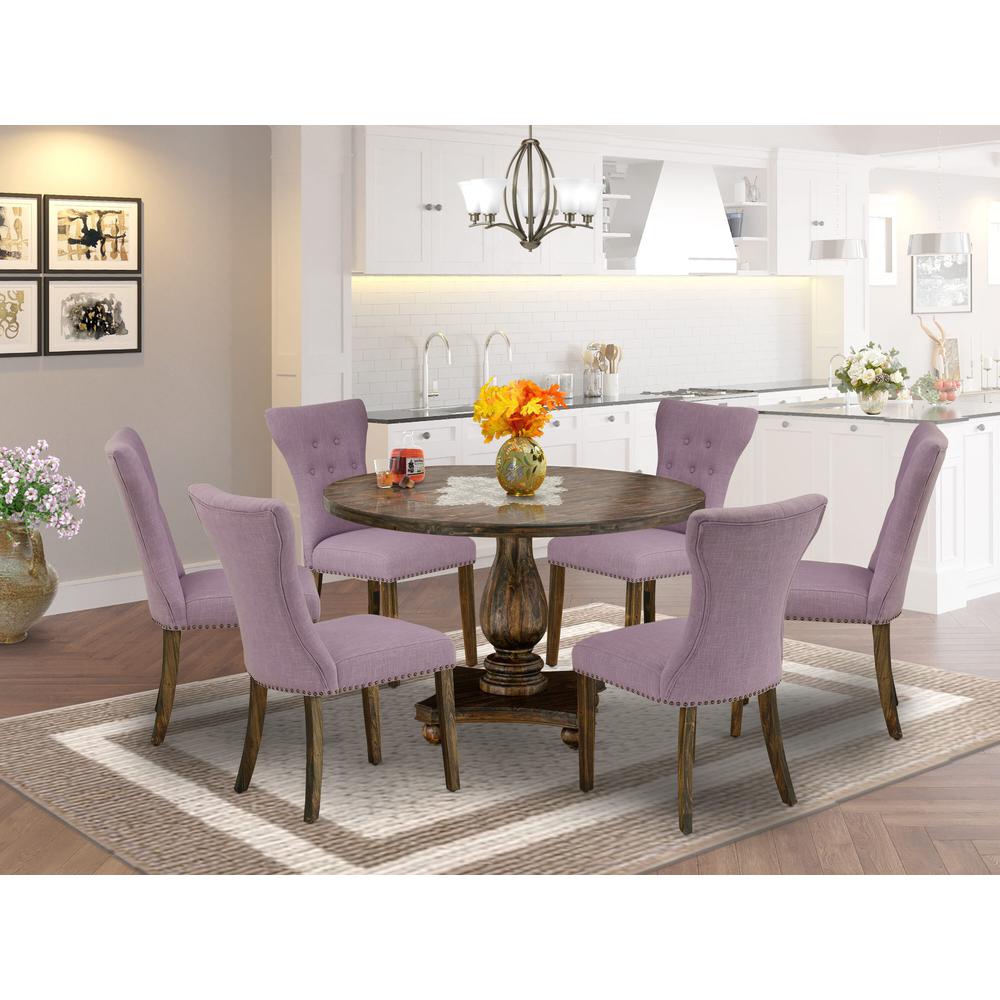 East West Furniture 7 Piece Dinner Table Set Consists of a Wood Table and 6 Dahlia Linen Fabric Kitchen Chairs with Button Tufted Back - Distressed Jacobean Finish. Picture 2