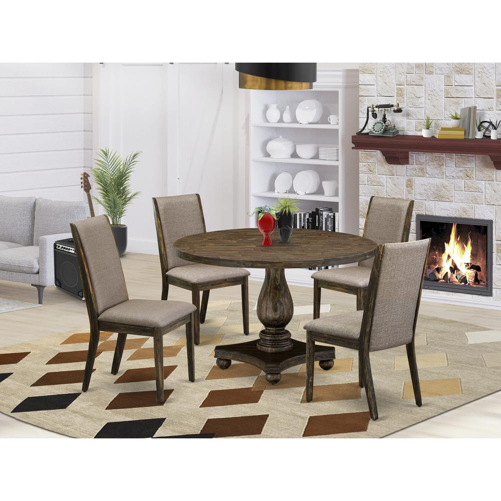 East West Furniture 5 Piece Dining Room Set Contains a Modern Kitchen Table and 4 Dark Khaki Linen Fabric Mid Century Dining Chairs with High Back - Distressed Jacobean Finish. Picture 2