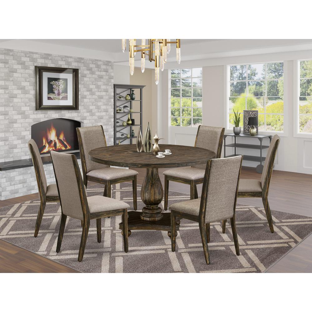 East West Furniture 7 Piece Dining Room Table Set Contains a Dining Table and 6 Dark Khaki Linen Fabric Upholstered Dining Chairs with High Back - Distressed Jacobean Finish. Picture 2