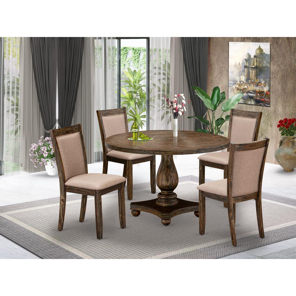 East West Furniture 5 Piece Dining Room Table Set Contains a Modern Dining Table and 4 Dark Khaki Linen Fabric Mid Century Dining Chairs with High Back - Distressed Jacobean Finish. Picture 2