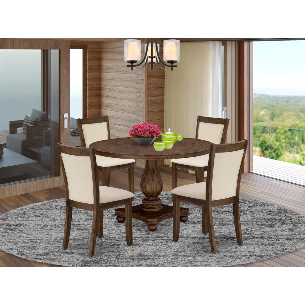 East West Furniture 5-Pcs Dining Table Set - A Modern Kitchen Table and 4 Light Beige Linen Fabric Dining Room Chairs with Stylish Back (Sand Blasting Antique Walnut Finish). Picture 2