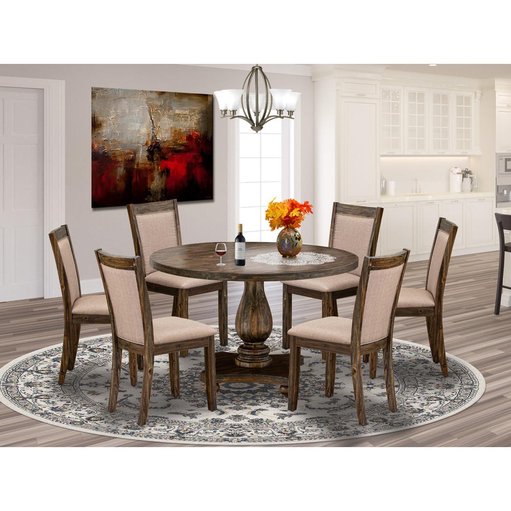 East West Furniture 7 Piece Dining Room Set Includes a Mid Century Dining Table and 6 Dark Khaki Linen Fabric Parson Chairs with High Back - Distressed Jacobean Finish. Picture 2
