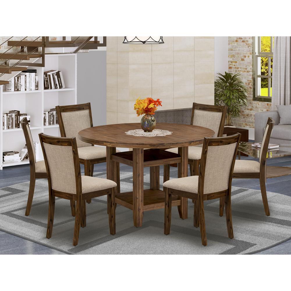 East West Furniture 7-Piece Dinner Table Set - Round Modern Dining Table and 6 Light Tan Color Parson Wood Dining Chairs with High Back - Antique Walnut Finish. Picture 2