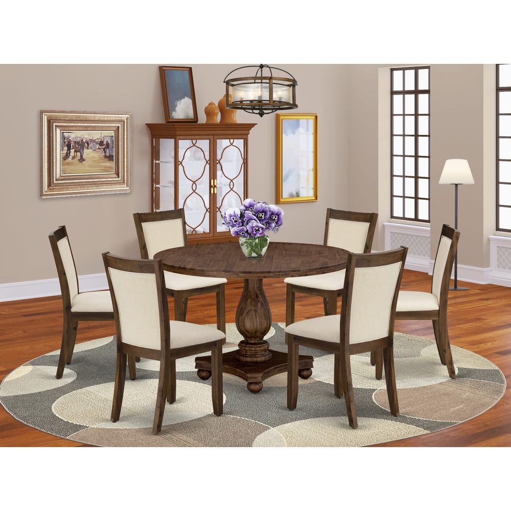 East West Furniture 7-Piece Dining Set - A Beautiful Wooden Table and 6 Beautiful Light Beige Linen Fabric Dining Chairs with Stylish High Back (Sand Blasting Antique Walnut Finish). Picture 2